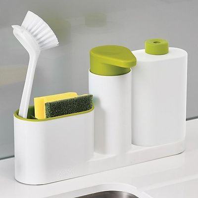 PEARL ACE 3-Piece Sink Tidy Set Plus - Kitchen Sink Organizer with Built in Soap Dispenser, Dishwasher Liquid, Brush, Sponge, etc.