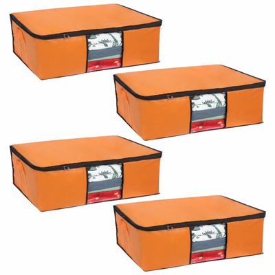 Pretty Krafts Set of 4 Non Woven Underbed Storage Bag with Handles, Clear Window & Zipper Lock | Quilt, Comforter & Blanket Cover Organiser | Foldable Cloth Storage Closet Bag (62x45x30cm, Orange)