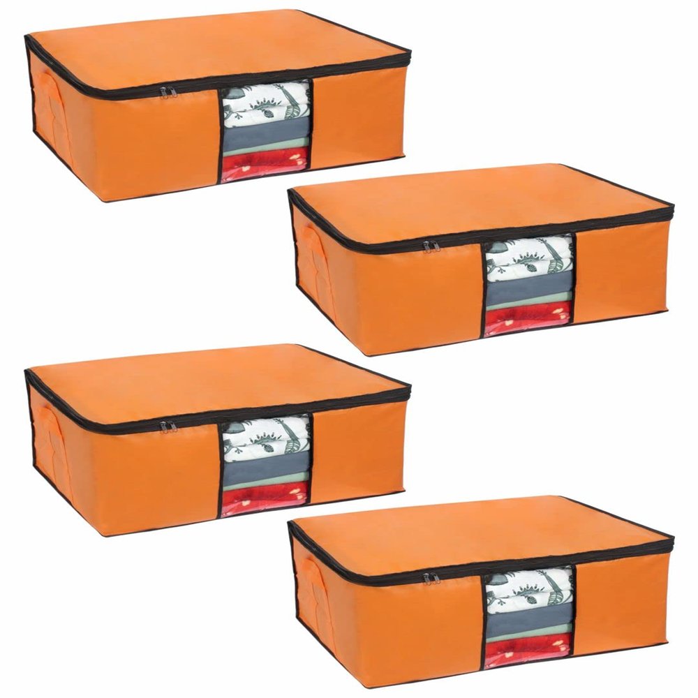 Pretty Krafts Set of 4 Non Woven Underbed Storage Bag with Handles, Clear Window & Zipper Lock | Quilt, Comforter & Blanket Cover Organiser | Foldable Cloth Storage Closet Bag (62x45x30cm, Orange)