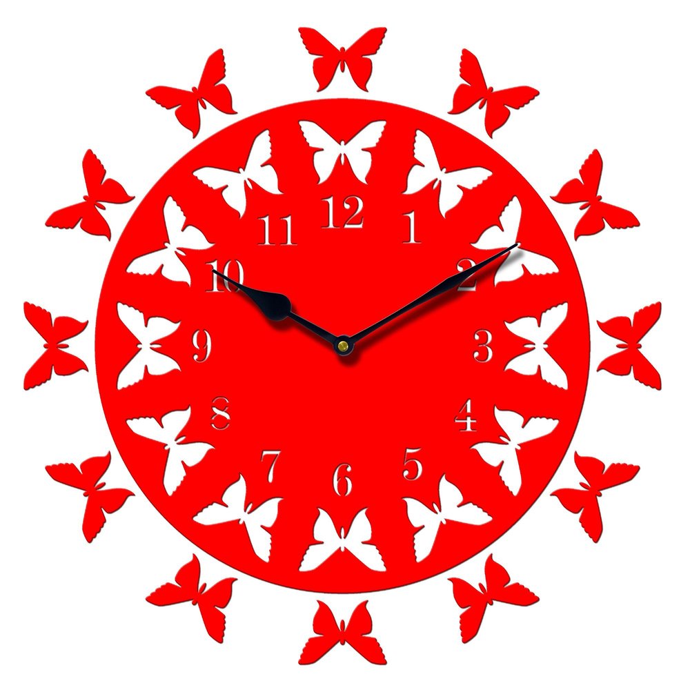 Sehaz Artworks 12-Butterflies Manufactured Wood 10 inch Designer Wall Clock for Home and Kitchen - Red