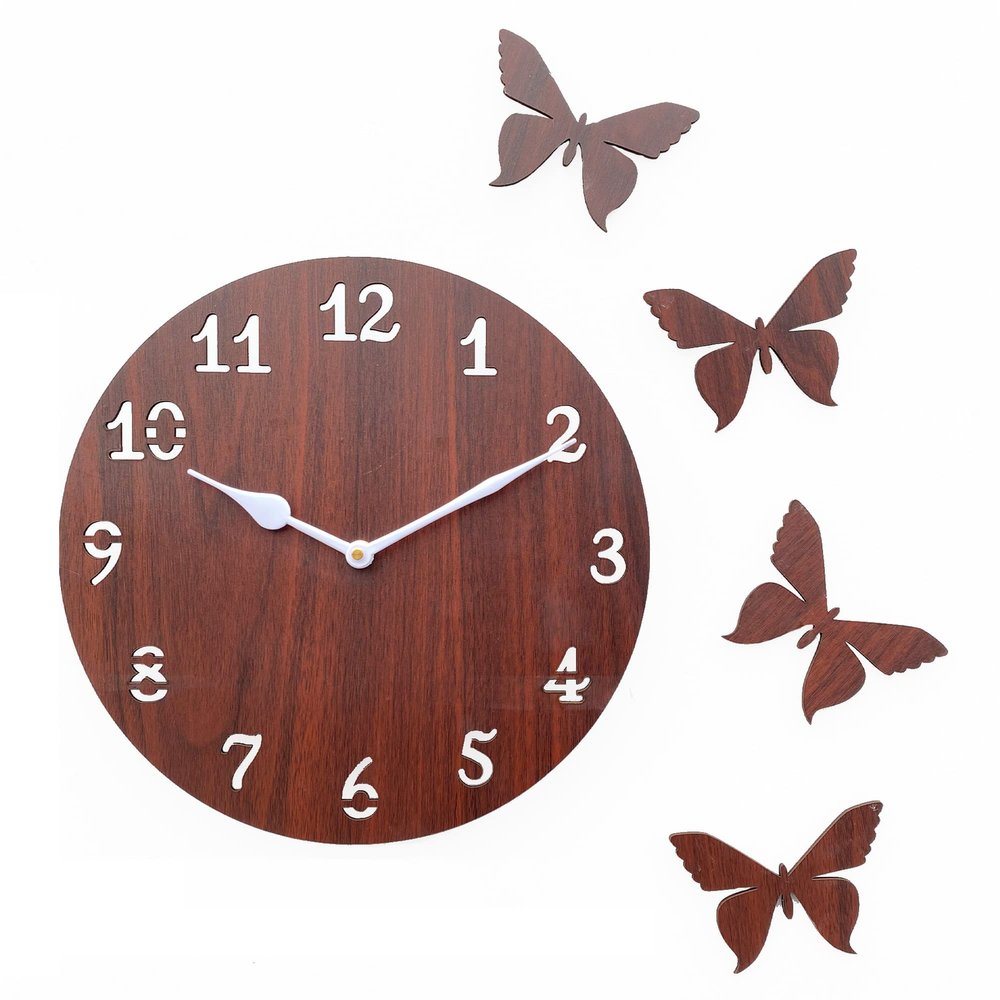 Sehaz Artworks Wooden Wall Clock for Living Room Stylish Latest | Wall Watch for Home | Designer Wooden Butterflies | Analog Clocks for Home Clocks 10 Inch Brown
