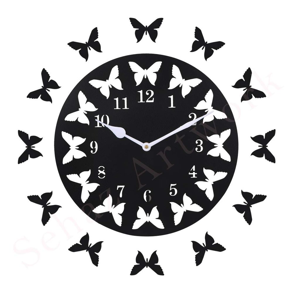 Sehaz Artworks Black Wall Clocks for Bedroom | Wall Clock for Living Room | Designer Wooden Butterflies Clocks for Home/Wall Decor 10 Inch