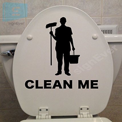 SIGN EVER Clean Me Toilet Seat Wall Bathroom Funny Sticker Door Sign Signage Vinyl Decal for Office Hospital Home Cafe Hotel Black (20x23cm)