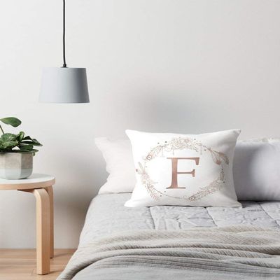 STITCHNEST Satin Alphabet Initial Vintage Monogram Personalised Letter 'F' Printed Cushion Cover (White and Rose Gold, 12x12-inch)