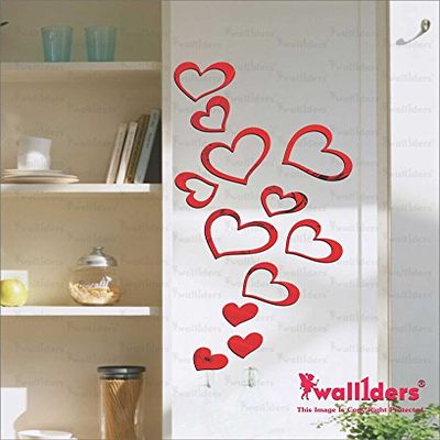 Wall1ders 12 Lovely Hearts, Mirror Stickers for Wall, Acrylic Mirror Wall Decor Sticker, Wall Mirror Stickers, Acrylic Stickers, Wall Stickers for Hall Room, Bed Room, Kitchen. (Red)