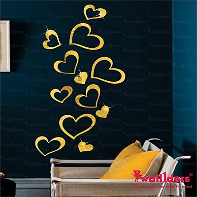 Wall1ders 12 Lovely Hearts Golden, Mirror Stickers for Wall, Acrylic Mirror Wall Decor Sticker, Wall Mirror Stickers, Acrylic Stickers, Wall Stickers for Hall Room, Bed Room, Kitchen. self adhesive