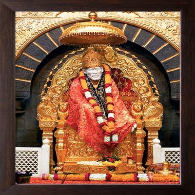 Art n Store: Shirdi Sai Baba Sitting on a Throne Under the Parasol HD Printed Religious & Decor Picture with Plain Brown Frame (7 X 9 Inches_Brown Wood)