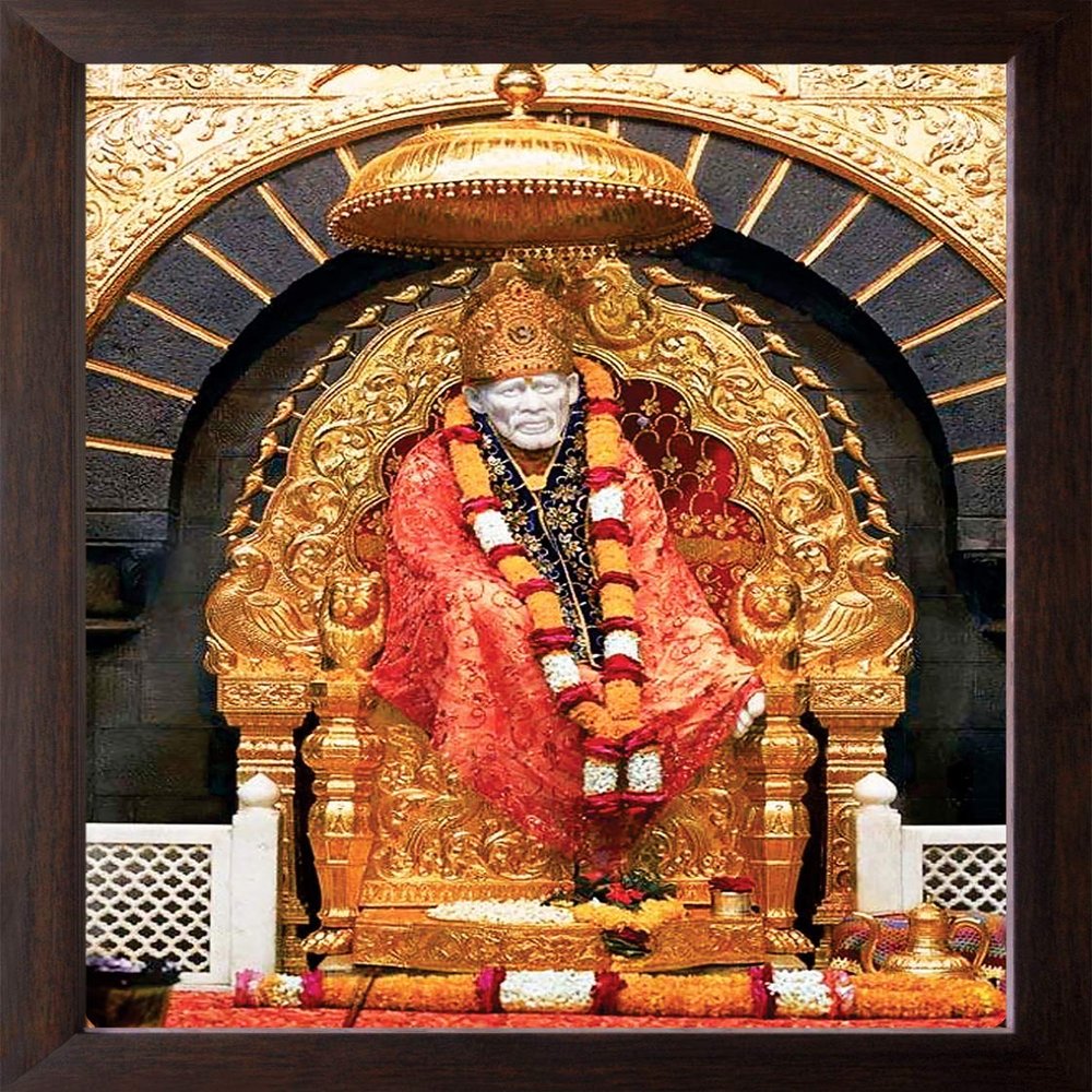 Art n Store: Shirdi Sai Baba Sitting on a Throne Under the Parasol HD Printed Religious & Decor Picture with Plain Brown Frame (7 X 9 Inches_Brown Wood)