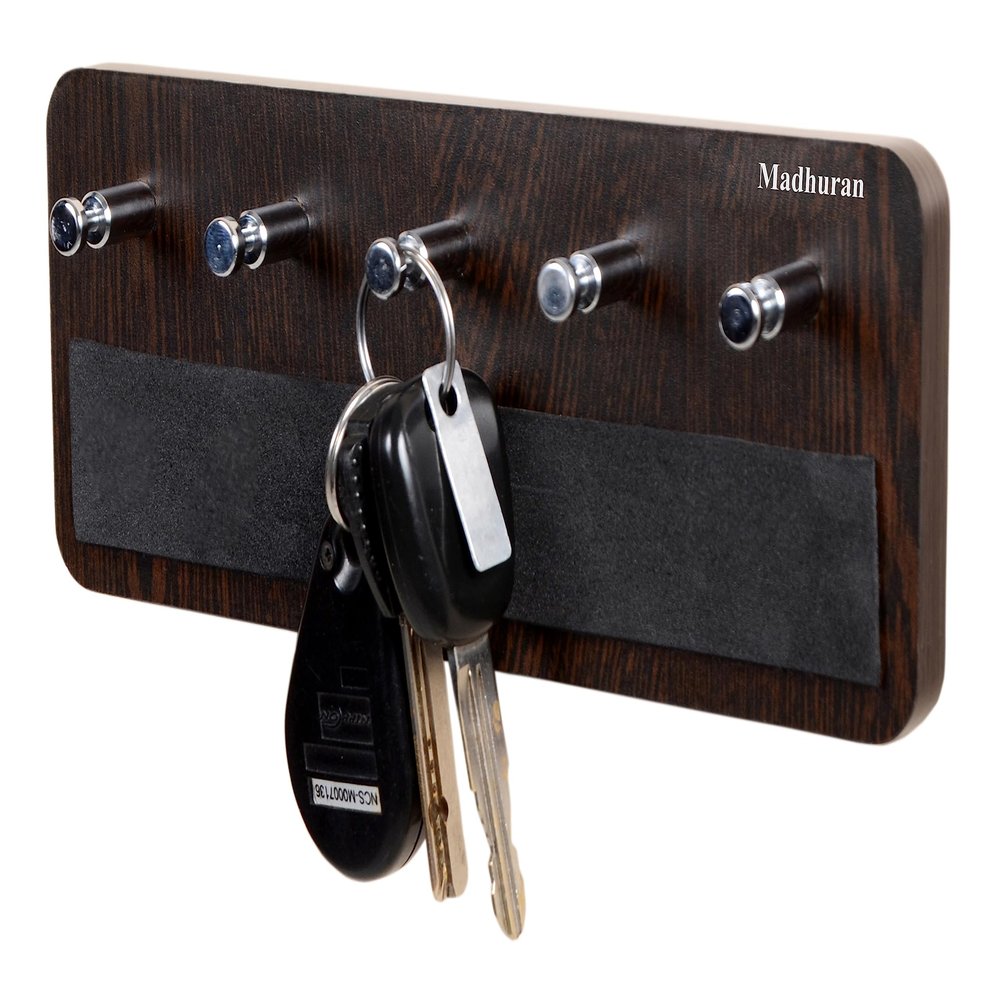 Madhuran MDF Wood Wall Hanging Small Key Holders Racks Stand 5 Hooks (Matte, Wenge) / Home Office Antique Stylish Multiple Organizer Unique Aesthetic Craft Wooden Tray