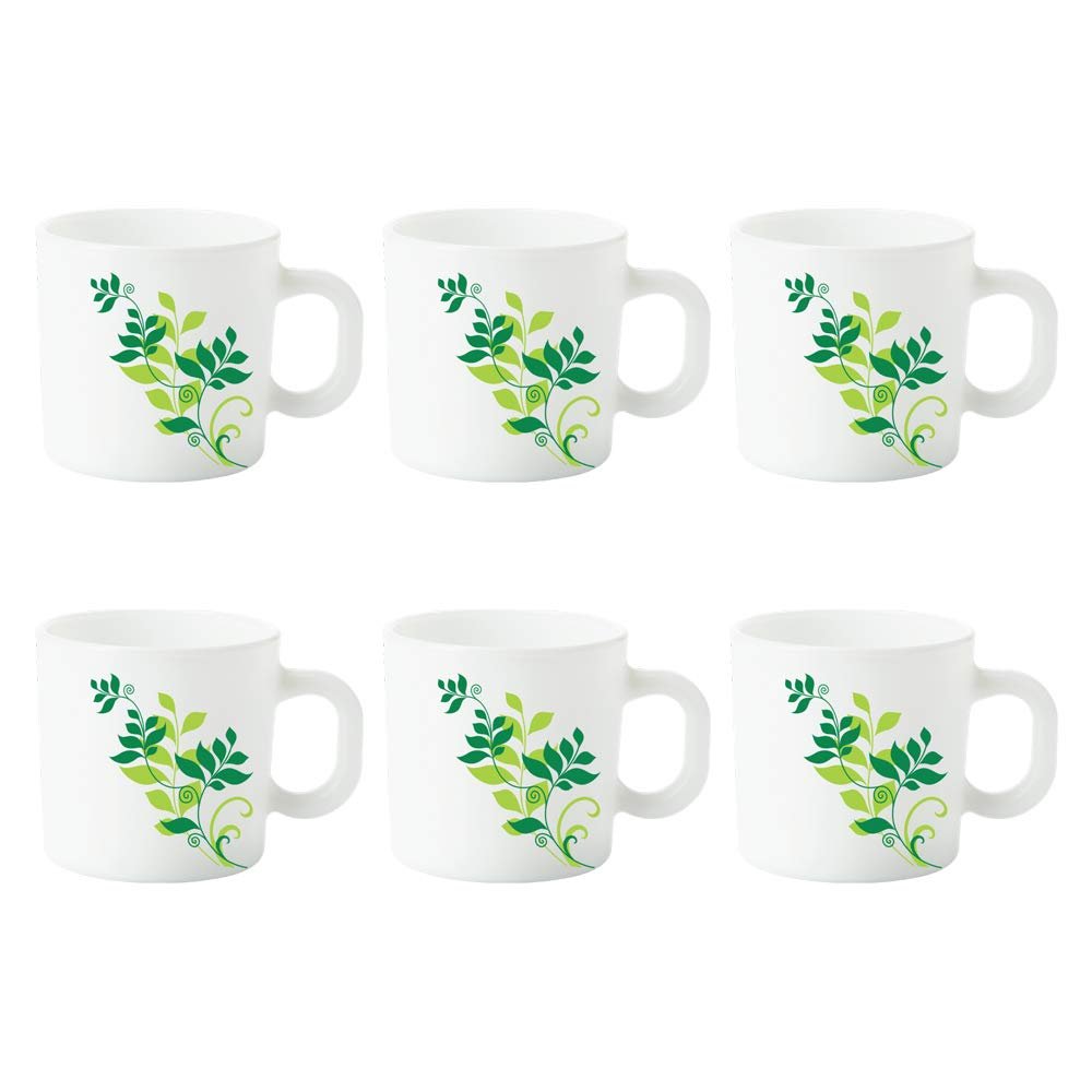 Larah by BOROSIL Fern Opalware Mug Set, 6 Piece, White, 180 Ml