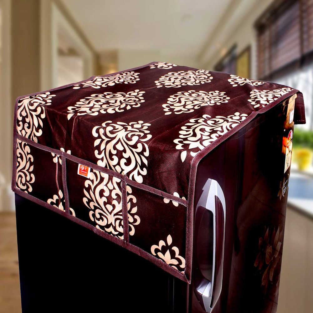 KANUSHI Industries Floral Design Fridge Top Cover with 6 Utility Pockets (Brown Color)