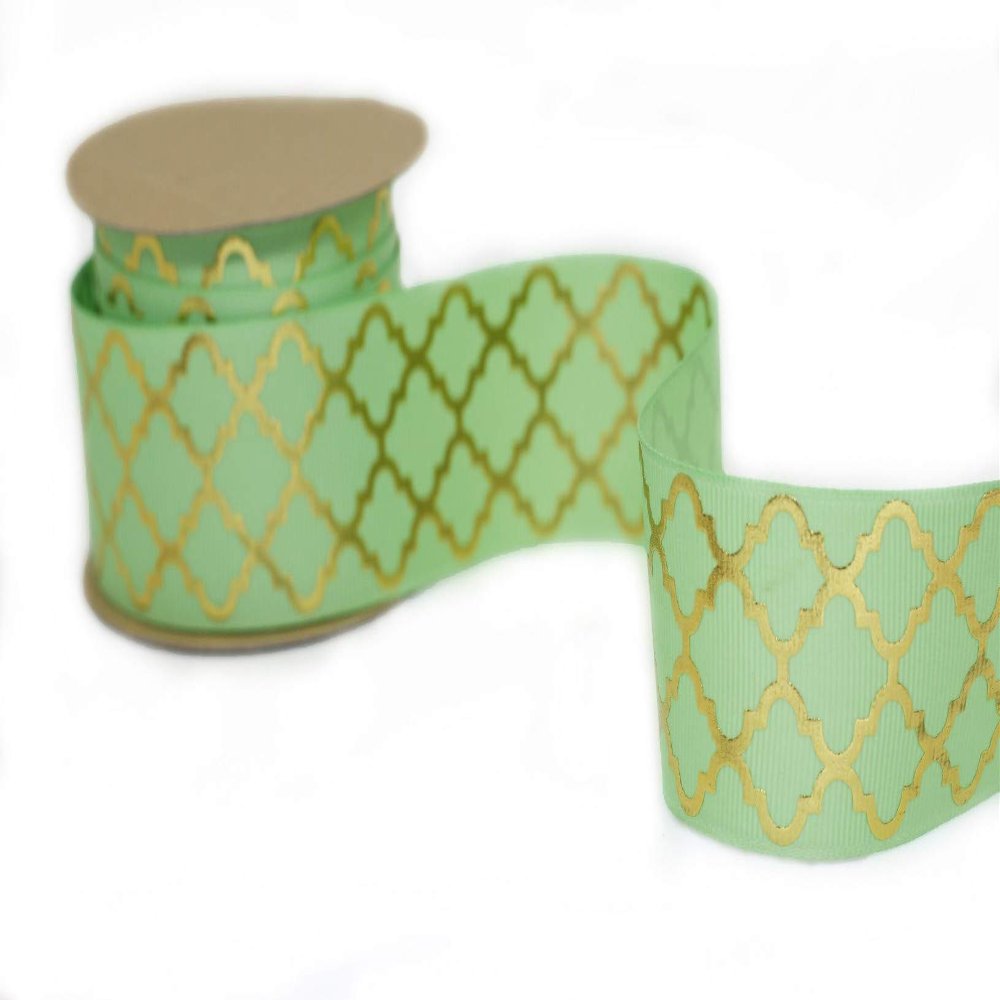 Meraki Cards Mint Grosgrain Ribbon with Gold Foiled Pattern (Width: 38mm)
