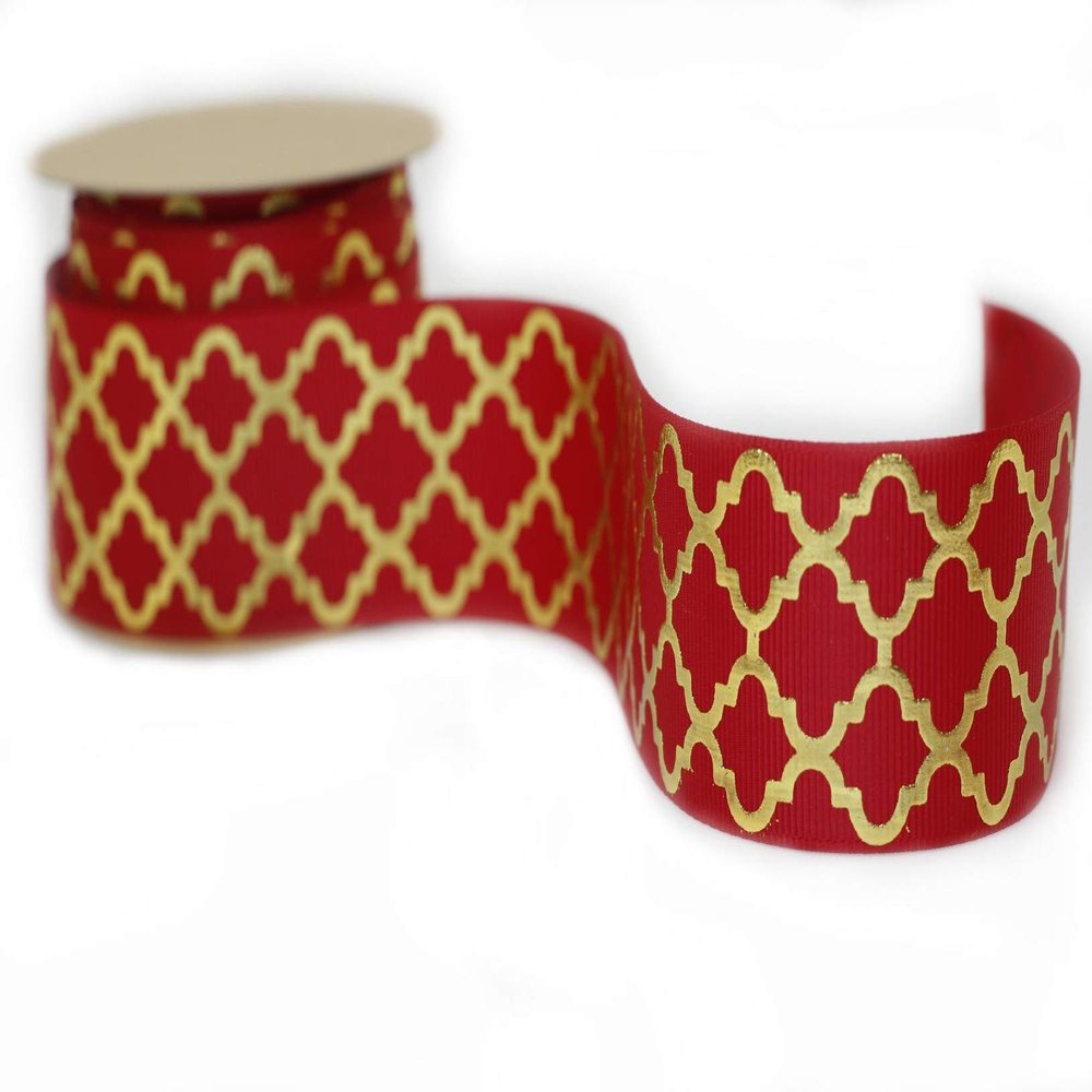Meraki Cards Red Grosgrain Ribbon with Gold Foiled Pattern (Width: 38mm)