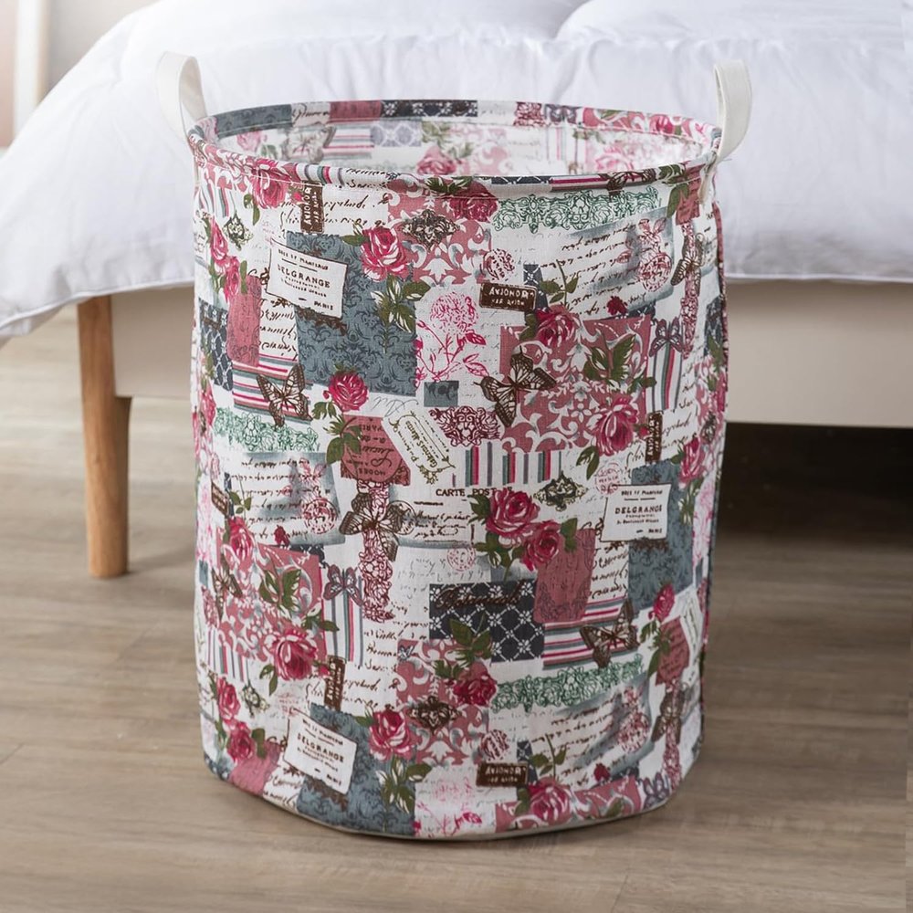 HOKIPO Cotton Folding Laundry Basket For Clothes, Round Collapsible Storage Basket, 42-Ltr (Ar1741),H-46 Centimeters,W-34 Centimeters, Coral
