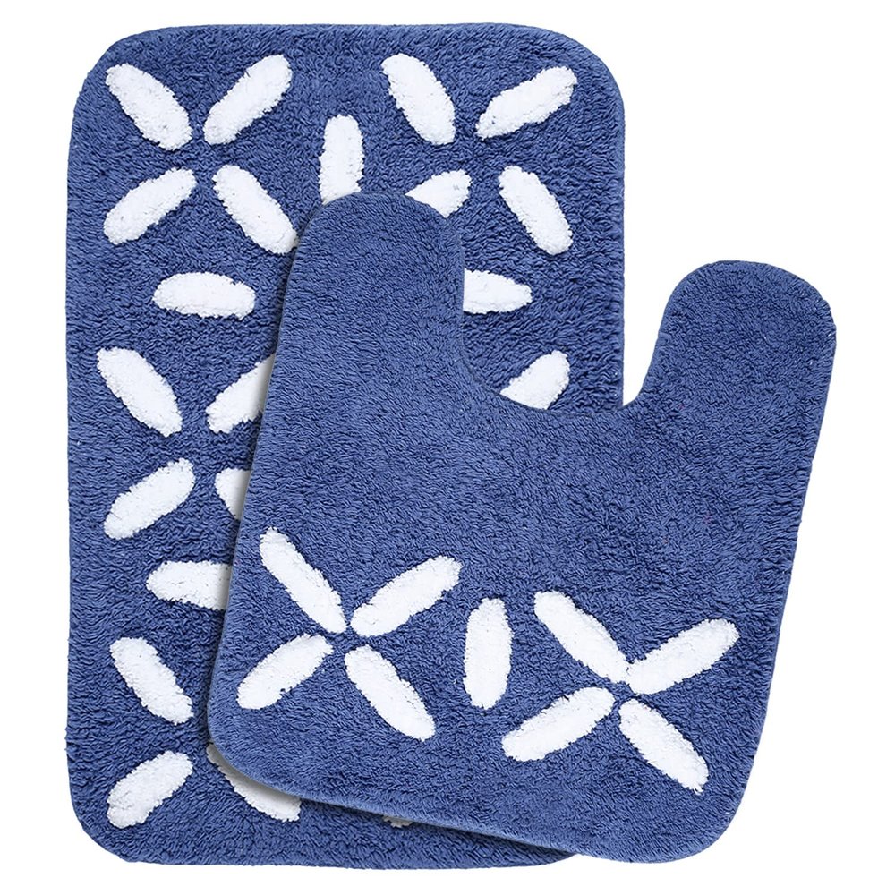 Saral Home Cotton Rectangular Bathmat With Contour Mat(Blue, 40X60 Cm)