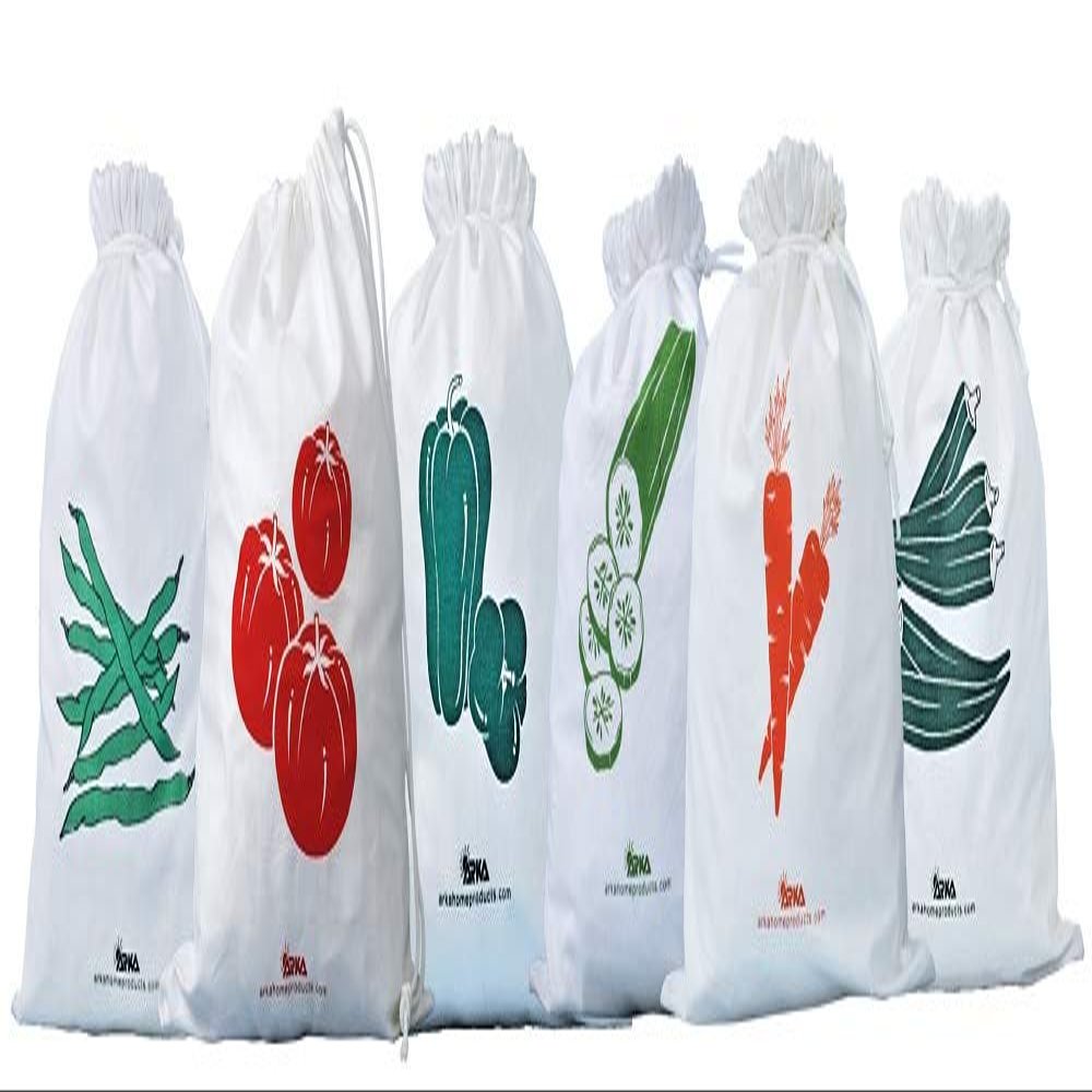 Arka Home Products 100% Cotton Vegetable Drawstring Storage Fridge Bags Eco-Friendly, Non-Toxic, Washable, Reusable (10 X 12 Inches,Off-White) - Set Of 6