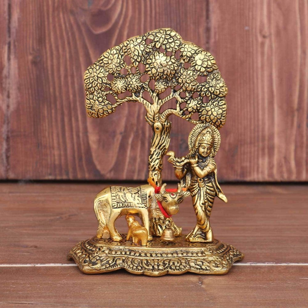 Prince Home Decor &Metal Krishna with Cow Standing Under Tree Plying Flute Gold Plating with Om Shape Insence Sticker Holder Stand by Prince Home Decor & Gifts(12 cm x 8 cm x 17 cm,(Gold)