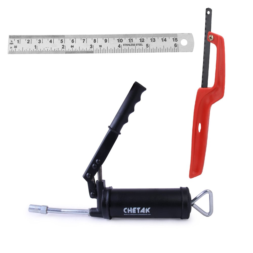 LOVELY Chetak Grease Gun Lever Type Capacity 500 Gms With 1 Mini Hacksaw & 1 Steel Scale of 6 Inch Combo