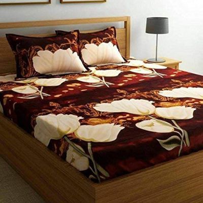 Exporthub Polyester and Cotton 3D Flowers Luxury Double Bed Bedsheet with 2 Pillows Covers (Brown , 88x94 Inch)