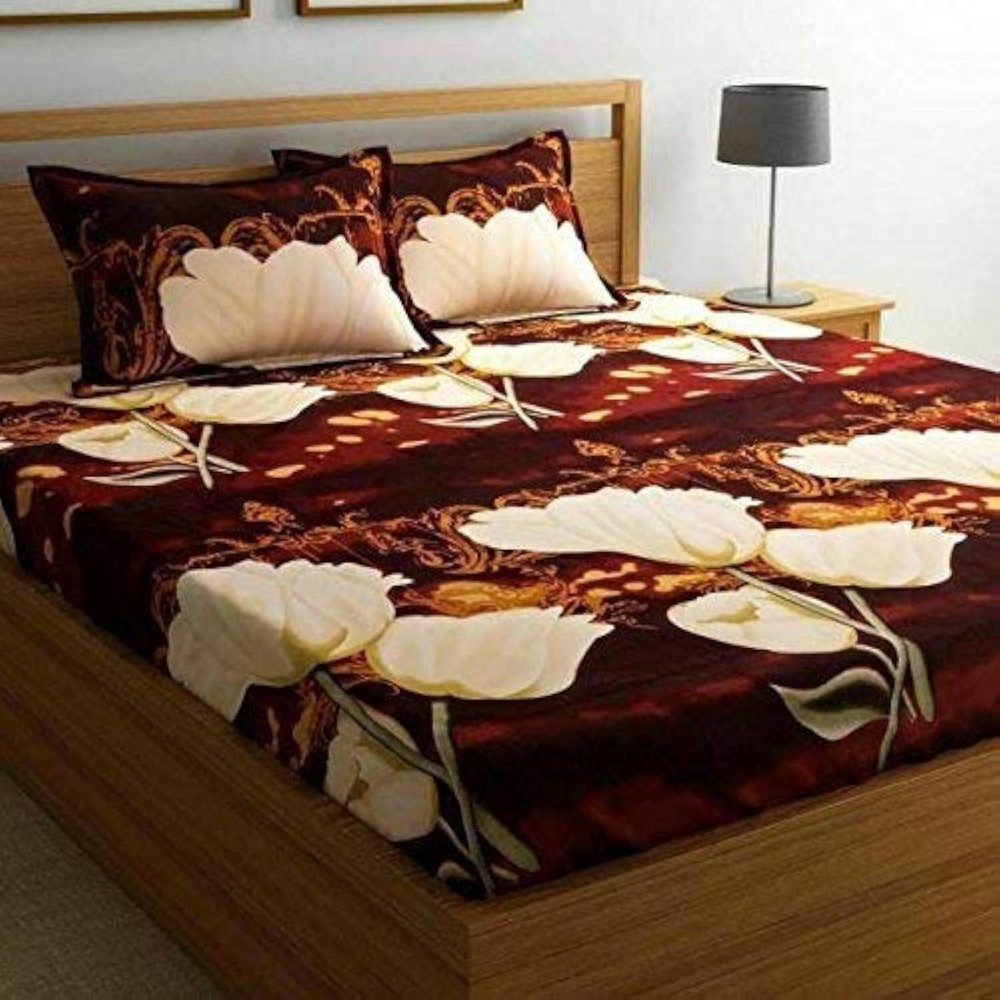 Exporthub Polyester and Cotton 3D Flowers Luxury Double Bed Bedsheet with 2 Pillows Covers (Brown , 88x94 Inch)