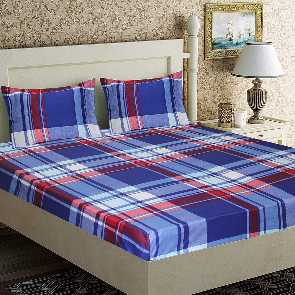 Exporthub Polyester and Cotton 3D Blue Check Luxury Bedsheet for Double Bed, with 2 Pillows Covers (88x94 Inch)