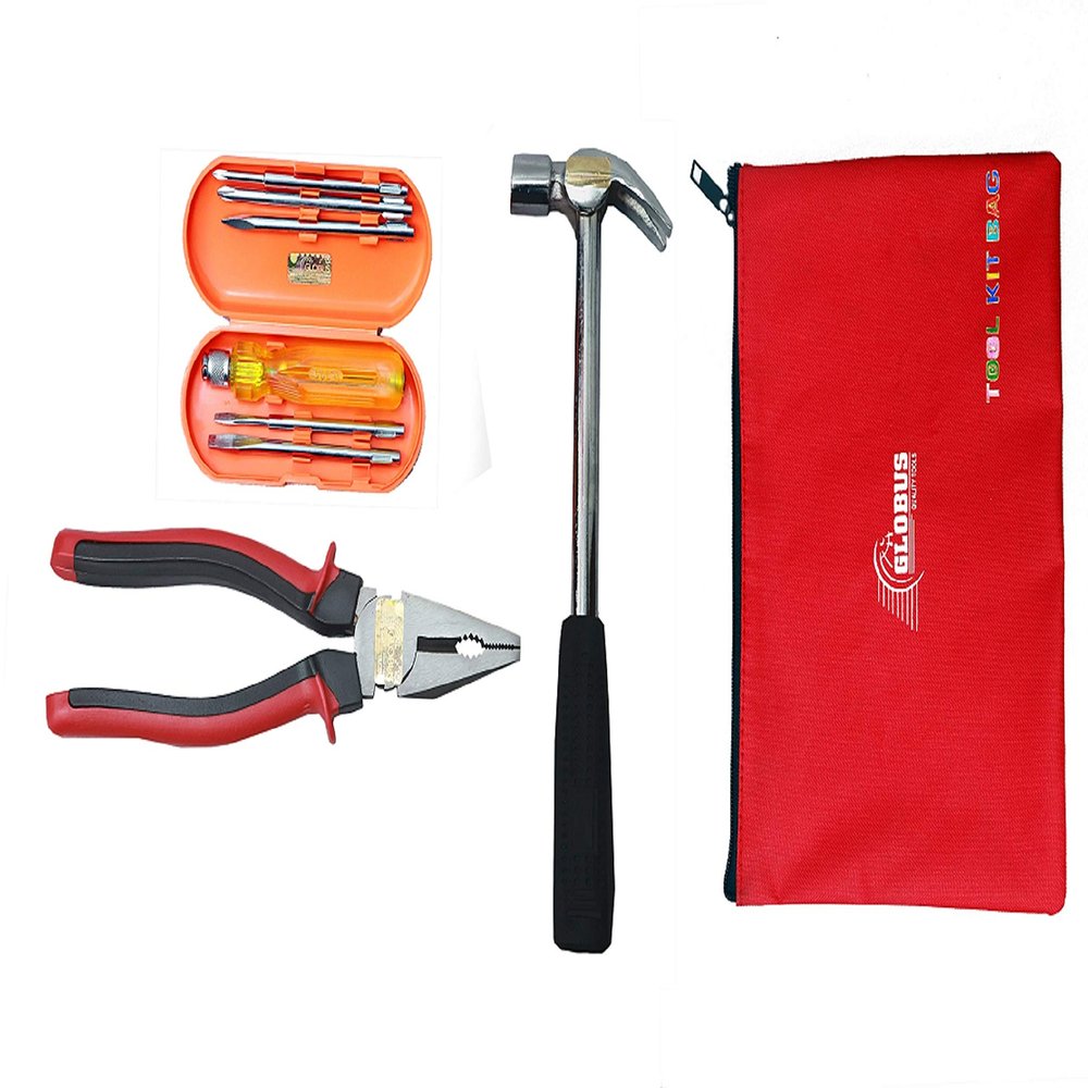 GLOBUS 604 Hand Tool KIT Pack of 3 (8" PLIER RED & Black +1/2 LBS Hammer + Screwdriver Set/6 with Tool KIT Bag)