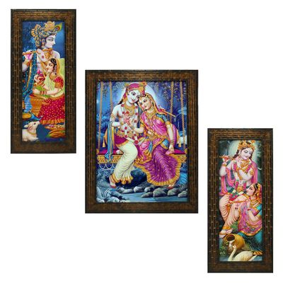 Indianara 3 PC Set of Radha Krishna Paintings (1481) Without Glass 5.2 X 12.5, 9.5 X 12.5, 5.2 X 12.5 inch