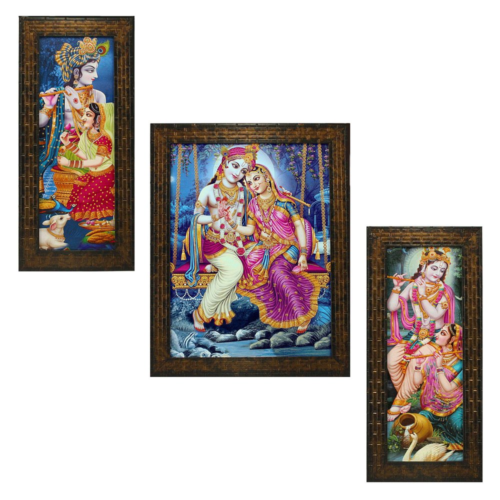 Indianara 3 PC Set of Radha Krishna Paintings (1481) Without Glass 5.2 X 12.5, 9.5 X 12.5, 5.2 X 12.5 inch