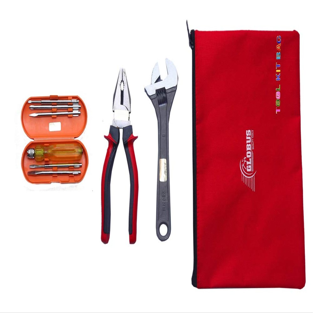GLOBUS 809 Steel Hand Tool Set/3 PCS (8" Adjustable Wrench Black, 8" PLIER RED and Black, Screwdriver Set/6 PCS with Tool KIT Bag.)