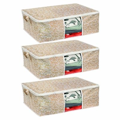 PrettyKrafts Set of 3 Non Woven Underbed Storage Bag with Handles, Clear Window & Zipper Lock | Quilt, Comforter & Blanket Cover Organiser | Foldable Cloth Storage Closet Bag (62x45x30cm, Golden)