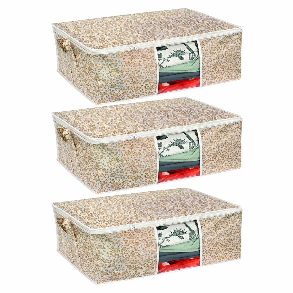 PrettyKrafts Set of 3 Non Woven Underbed Storage Bag with Handles, Clear Window & Zipper Lock | Quilt, Comforter & Blanket Cover Organiser | Foldable Cloth Storage Closet Bag (62x45x30cm, Golden)