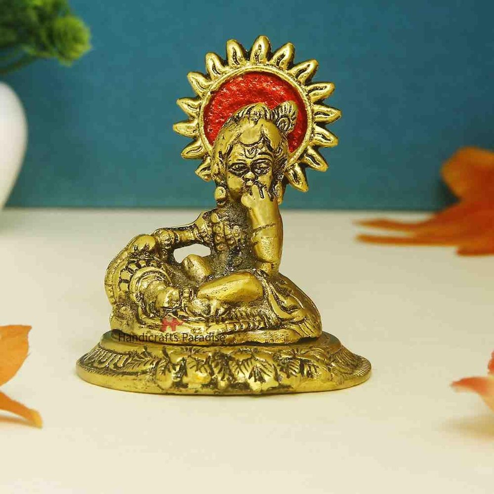 Handicrafts Paradise Bal Krishna Eating Butter from Handi in Metal Antique Gold Finish Statue (Golden)