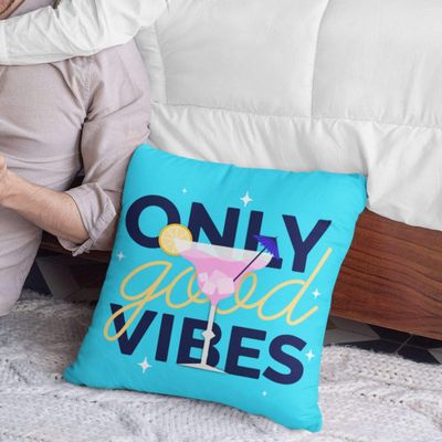 TheYaYaCafe 20X20 inches Cushion Cover Motivational Quotes Printed Only Good Vibes Sofa Throw Pillows Blue