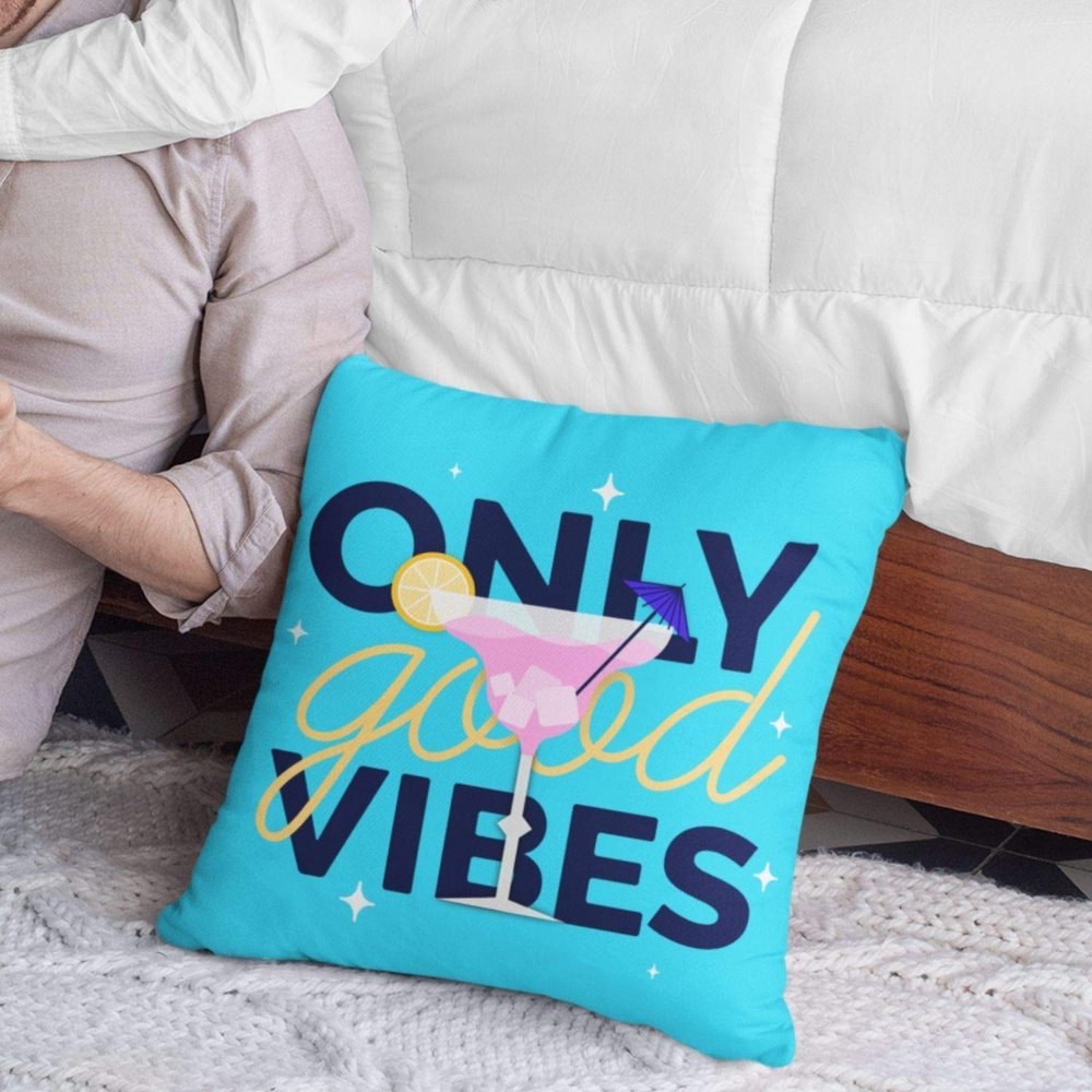 TheYaYaCafe 20X20 inches Cushion Cover Motivational Quotes Printed Only Good Vibes Sofa Throw Pillows Blue