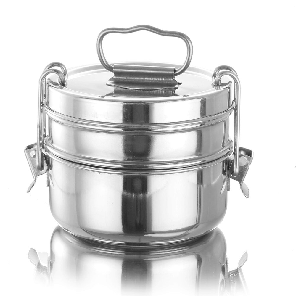 Expresso - Stainless Steel Food Grade Lunch Box | Traditional Tiffin Carrier/Container for School/Office, Dia 13cm | 2 Tier