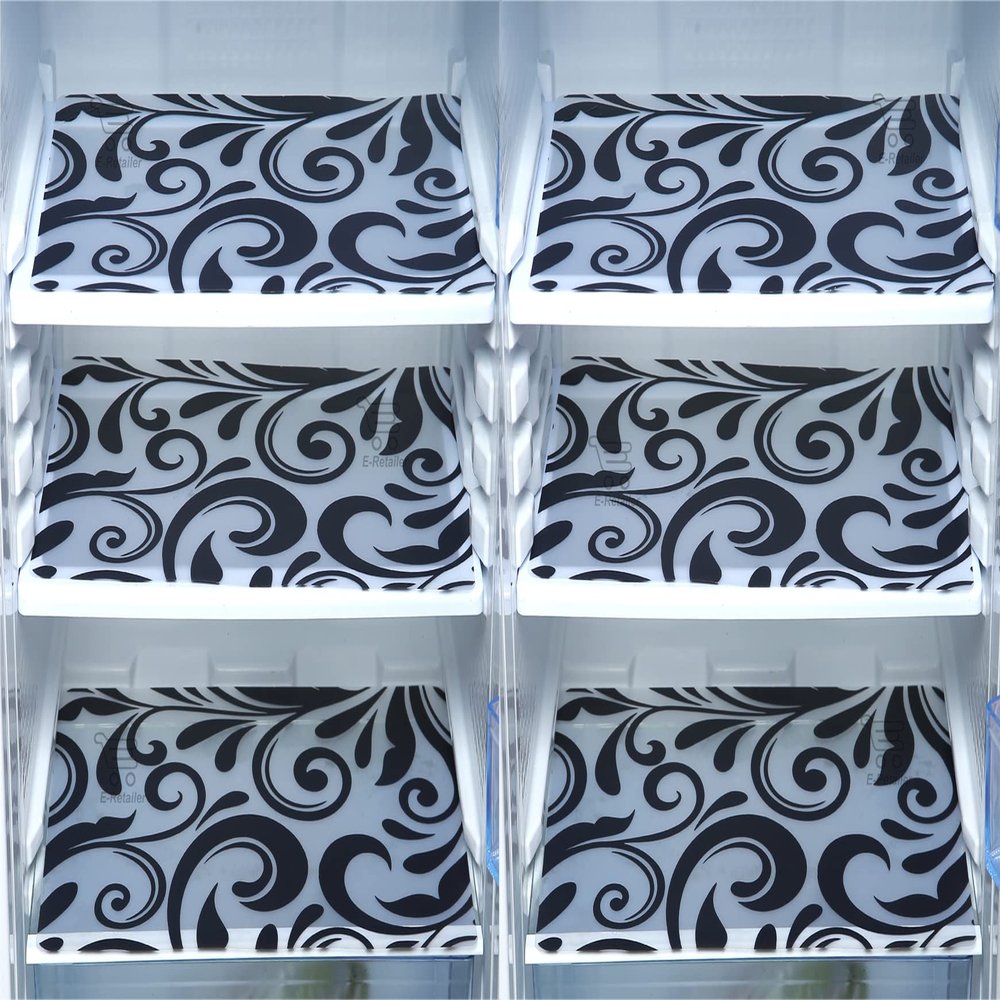 E-Retailer Waterproof PVC Refrigerator Drawer Mat/Multipurpose Fridge Mats Set of 6 Pcs (Floral Black, Size-17.5X11.5 Inch)