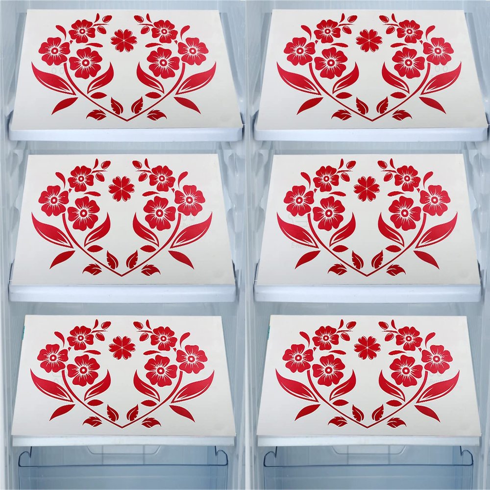 E-Retailer Waterproof PVC Refrigerator Drawer Mats/Multipurpose Mat/Fridge Mats Set of 6 Pcs (Floral Red, Size-17.5X11.5 Inch)