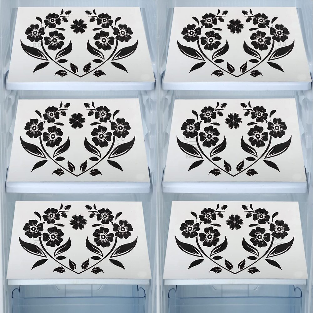 E-Retailer Waterproof PVC Refrigerator Drawer Mat/Multipurpose Fridge Mats Set of 6 Pcs (Floral Black, Size-17.5X11.5 Inch)