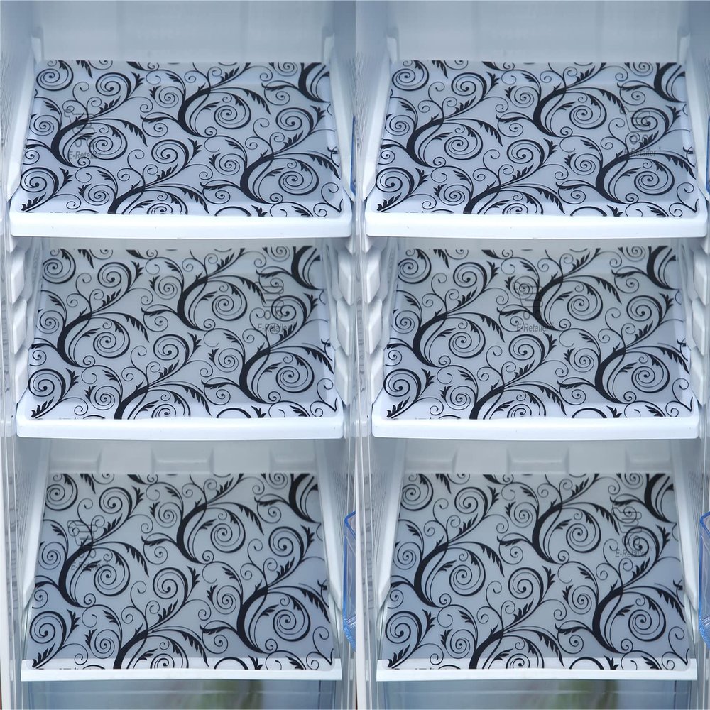 E-Retailer Waterproof PVC Refrigerator Drawer Mats/Multipurpose Mats/Fridge Mats Set of 6 Pcs (Floral Black, Size-17.5X11.5 Inch)