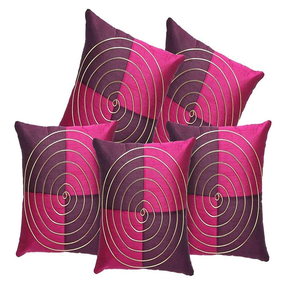 MSenterprises Cushion Cover Purple Round Striped Dupion Silk Pack of 5(40x40 Cms Or 16x16 Inch) (Purple)