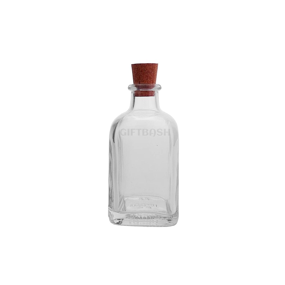 GIFTBASH Premium Square Shape Glass Diffuser Bottle with Classic Wooden Cork Lid, Pack of 4 Pcs, 100ml Each, Transparent | for Aromatherapy | for Spa