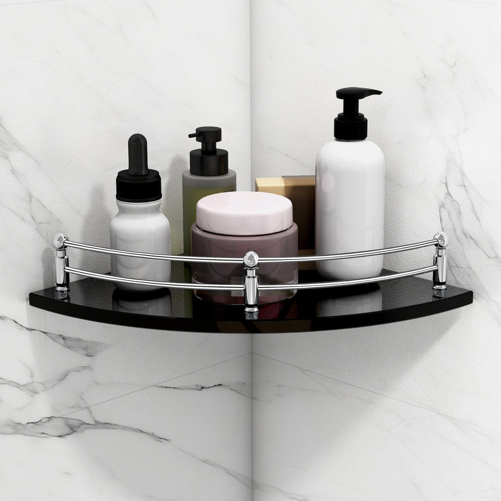 Planet Premium Black Glass Corner Shelf/Storage Organizer/Black Tempered Glass Shelf/Bathroom Accessories (12x12 Inch, Pack of 1)
