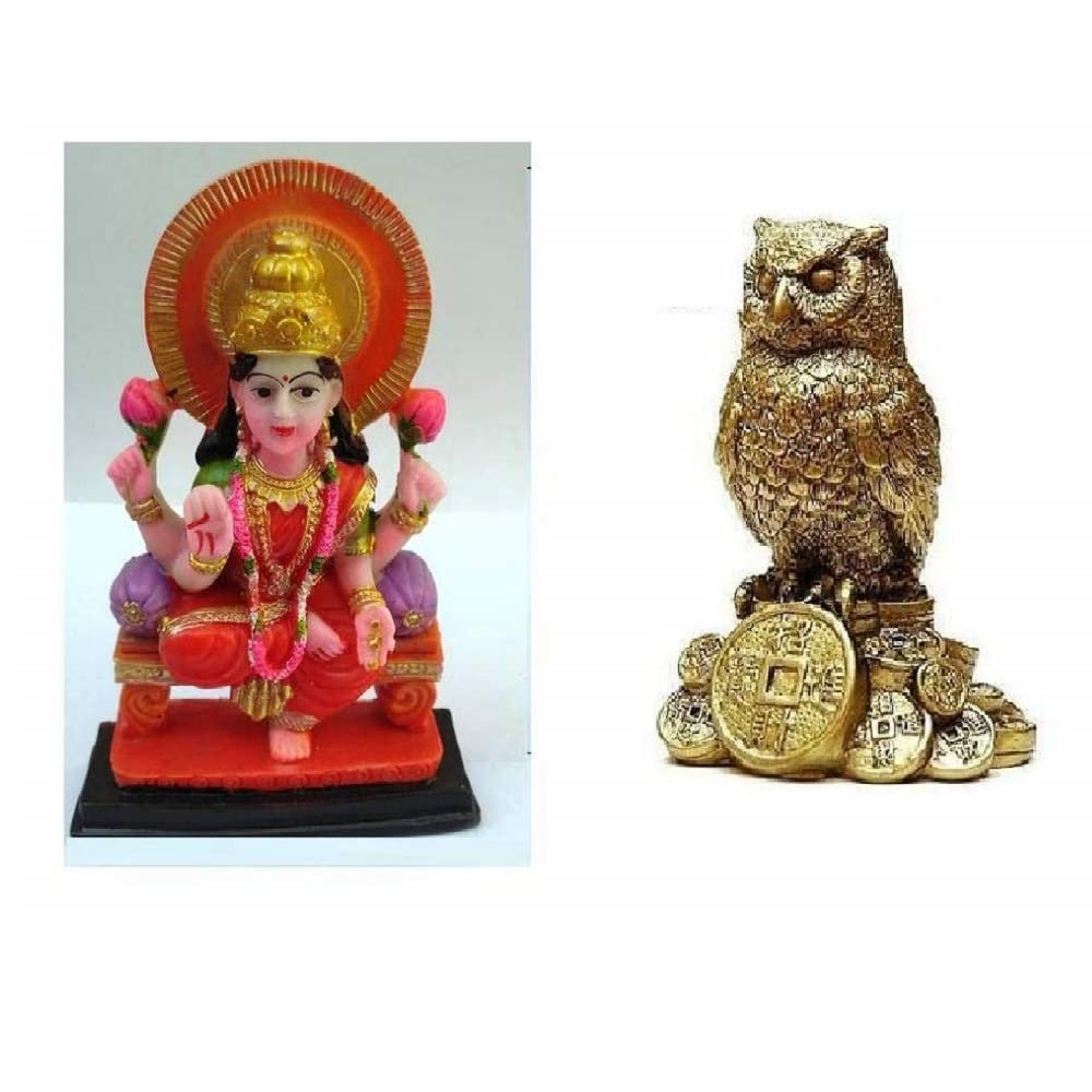 SoilMade Combo Laxmi MATA Flat Marble Idol and Golden Owl, Round Shape, Resin and Stone Made, Size Aprox 11cm and 180g, Pack of 1 Laxmi MATA Flat Marble Idol and Golden Owl in Box