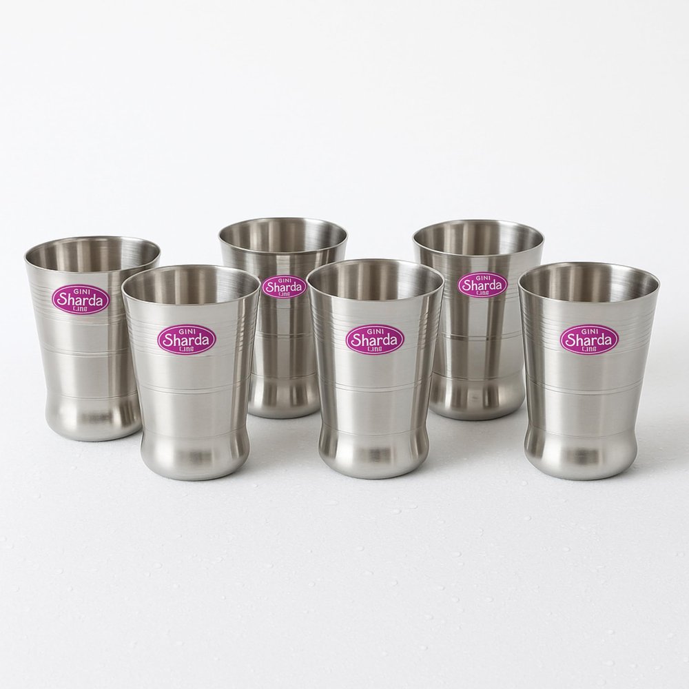 Sharda Metals Set of 6 Stainless Steel Drinking Water Glass Set | Unbreakable, Rust-Resistant, BPA-Free, Durable Metal Glasses with Mirror Polish | Everyday Use, Kitchen & Diwali Gift, 350ml Each