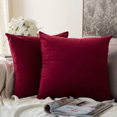 Khooti Decorative Christmas Velvet Square Cushion Cover Throw Pillow Cover for Living Room Couch Diwan Single Seater Sofa, Modern Boho Small 12 x 12 Inches / 30 x 30 cm (Colour - Red)(Set of 2 Pieces)