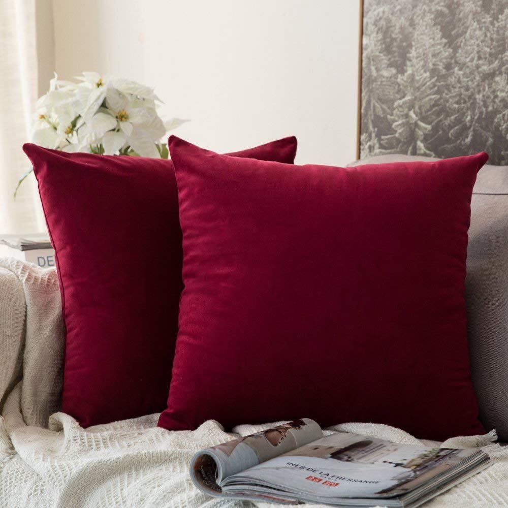 Khooti Decorative Christmas Velvet Square Cushion Cover Throw Pillow Cover for Living Room Couch Diwan Single Seater Sofa, Modern Boho Small 12 x 12 Inches / 30 x 30 cm (Colour - Red)(Set of 2 Pieces)