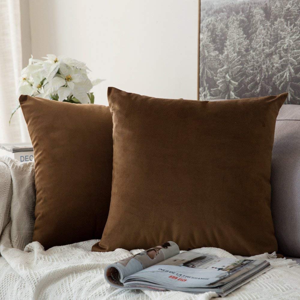 Khooti Velvet Cushion Cover, 12x12 | Brown | Pack of 2 | Solid Plain Soft & Smooth, Decorative Cushion Covers for Living Room, Bedroom, Couches, Chairs, Sofas, Beds & Home Decor