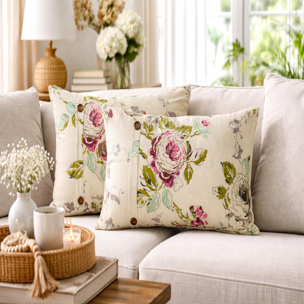 R home Beige Rose Lumbar Cushion Covers Set of 4 (1220 Inch) Decorative Rectangular Throw Pillow Cases for Sofas, Chairs, Beds & Living Rooms | Stylish, Soft & Durable