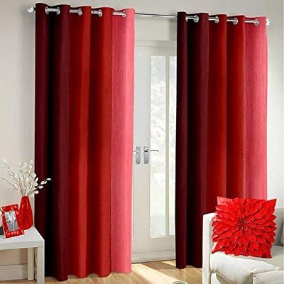 SKIVE India Polyester Blend Long Crush Eyelet Window 6 ft Curtains (Red) Set of 2