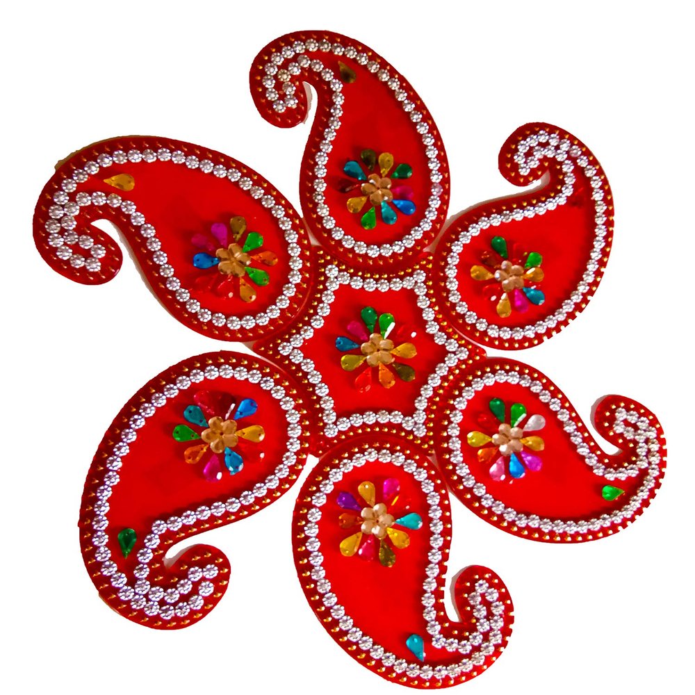 DMS RETAIL Red Keri Design Acrylic Stone Studded Rangoli for Diwali Decoration Floor Decoration - 5 Pcs Set - 11 Inches